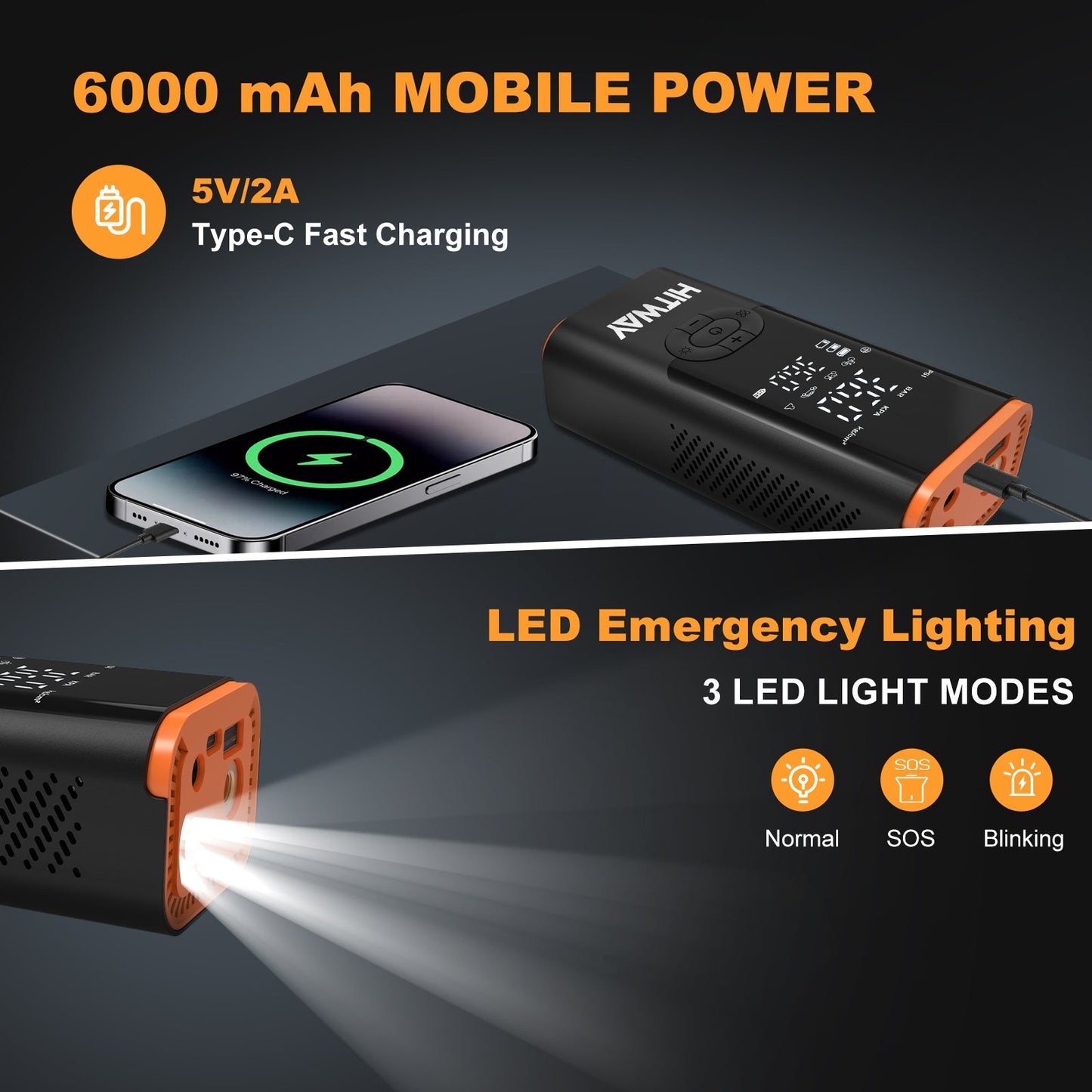 HITWAY Pompa Elettrica 3-in-1: Gonfiatore, Power Bank e Torcia