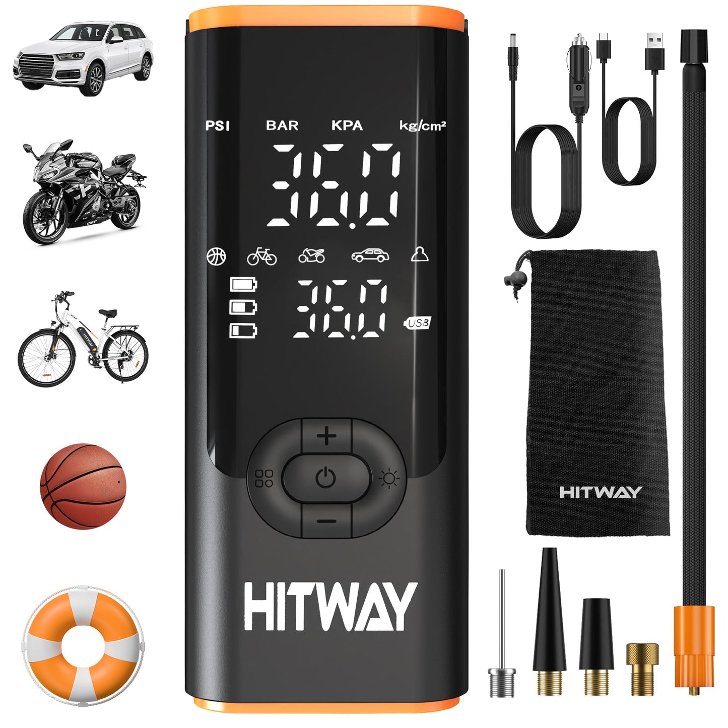 HITWAY Pompa Elettrica 3-in-1: Gonfiatore, Power Bank e Torcia