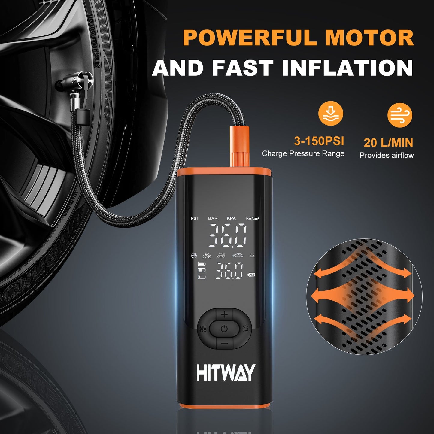 HITWAY Pompa Elettrica 3-in-1: Gonfiatore, Power Bank e Torcia
