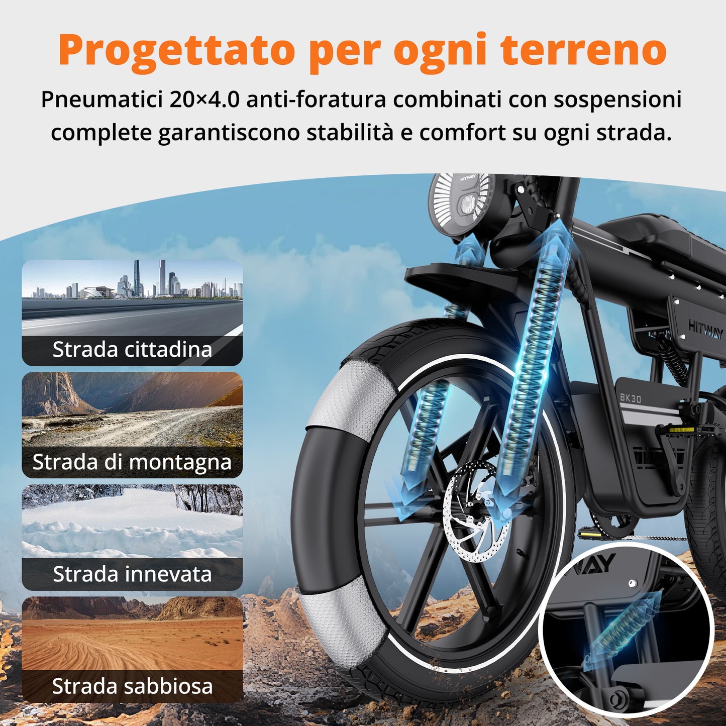 BK30 Fat Bike Elettrica con Pneumatici Larghi